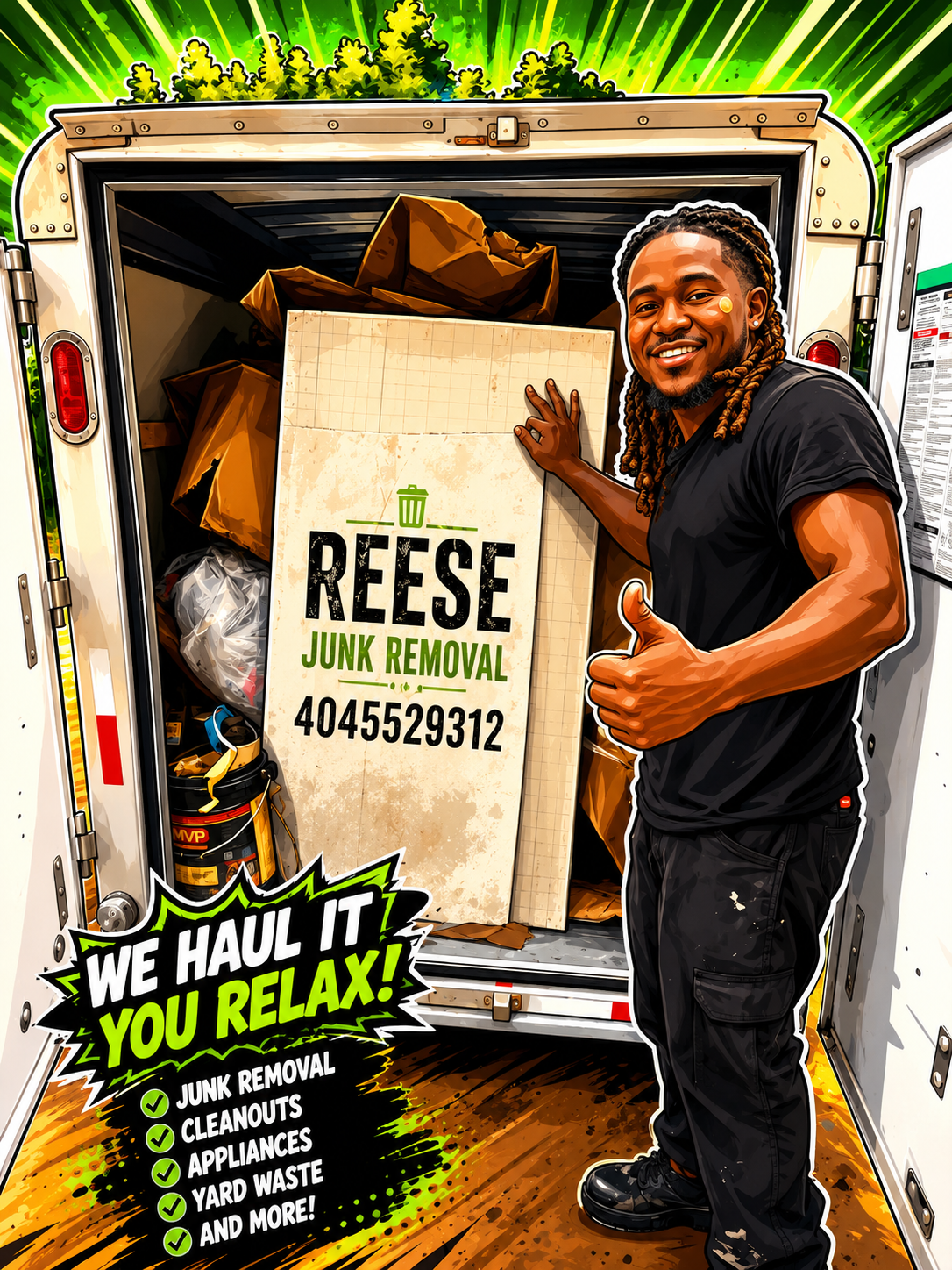 Reese Junk Removal owner giving a thumbs up beside a loaded trailer